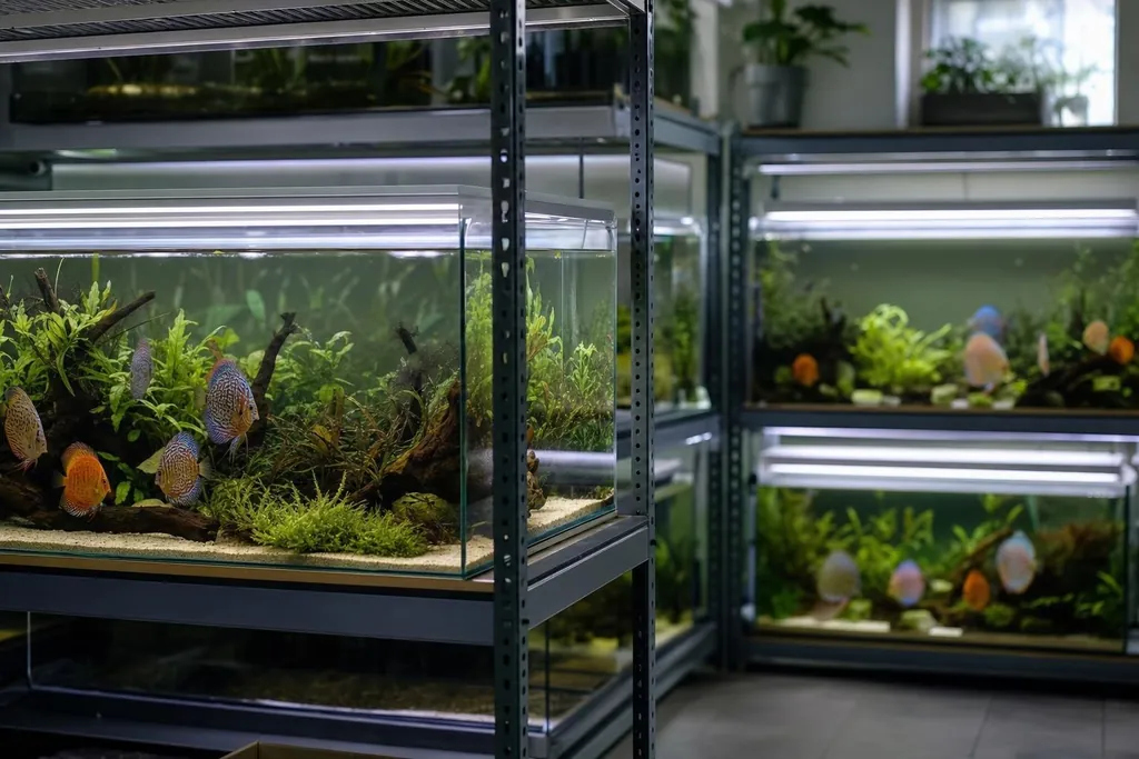 Sala de acuarios con varias peceras de discos en estanterías metálicas (imagen generada con AI)
